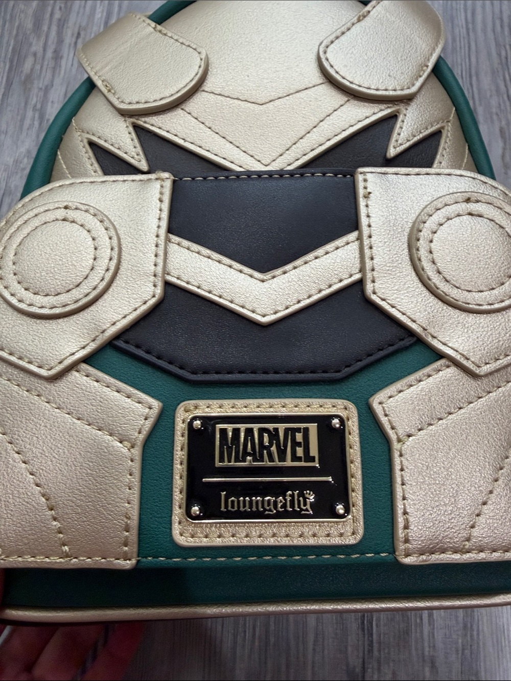 NWT Loungefly Marvel Loki Helmet Mini Backpack in Metallic Gold, Green & Black - Picture 2 of 11